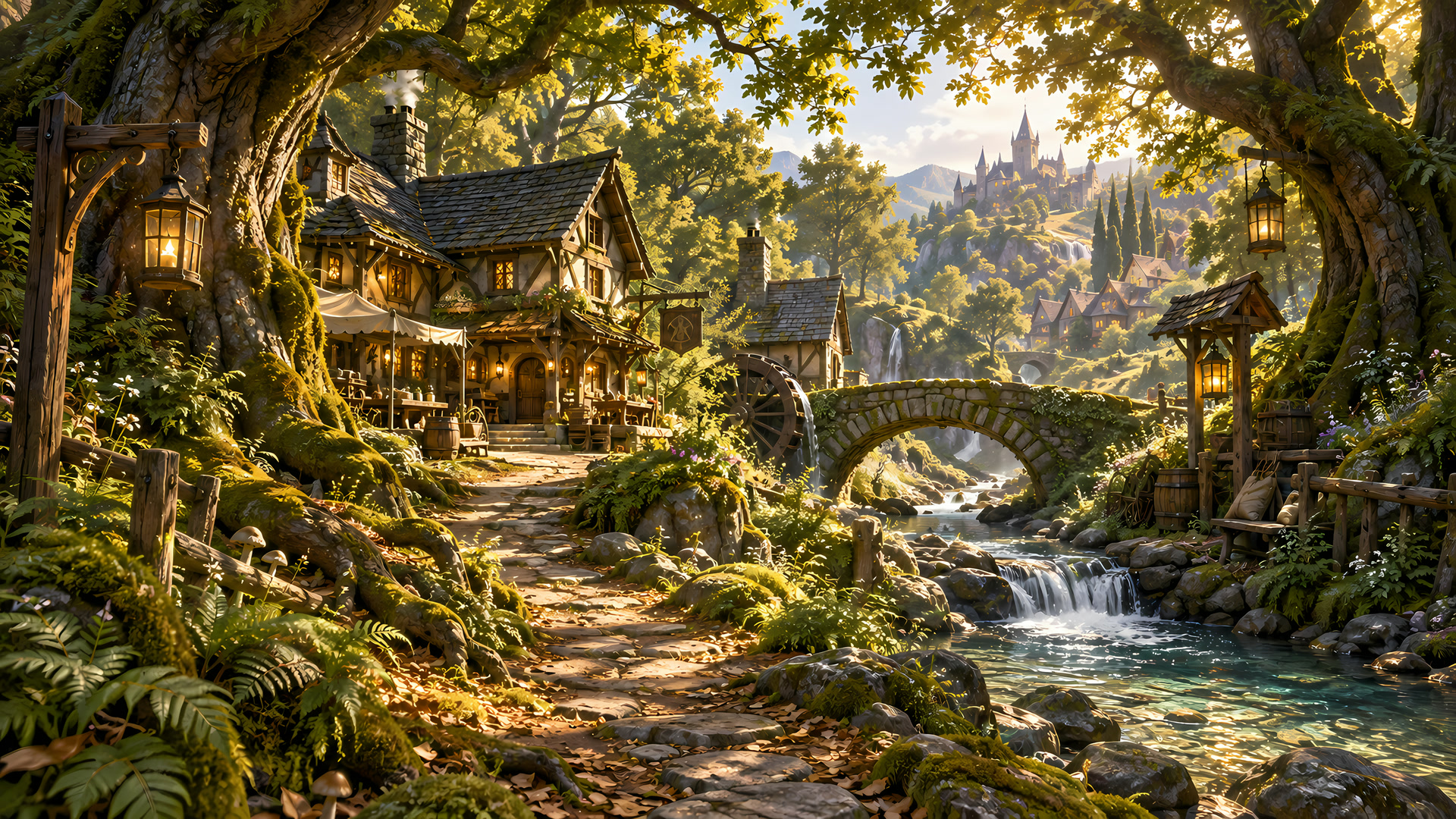 Original Thistlepath artwork: a sunlit woodland village with an old stone bridge and a stream.